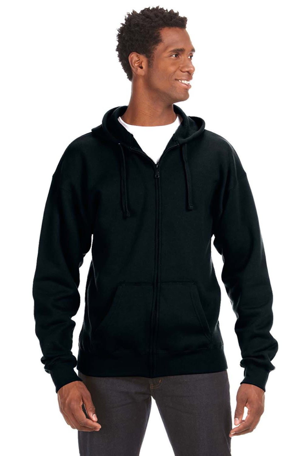 J America JA8821/8821 Mens Premium Fleece Full Zip Hooded Sweatshirt Hoodie w/ Pockets Black Model Front