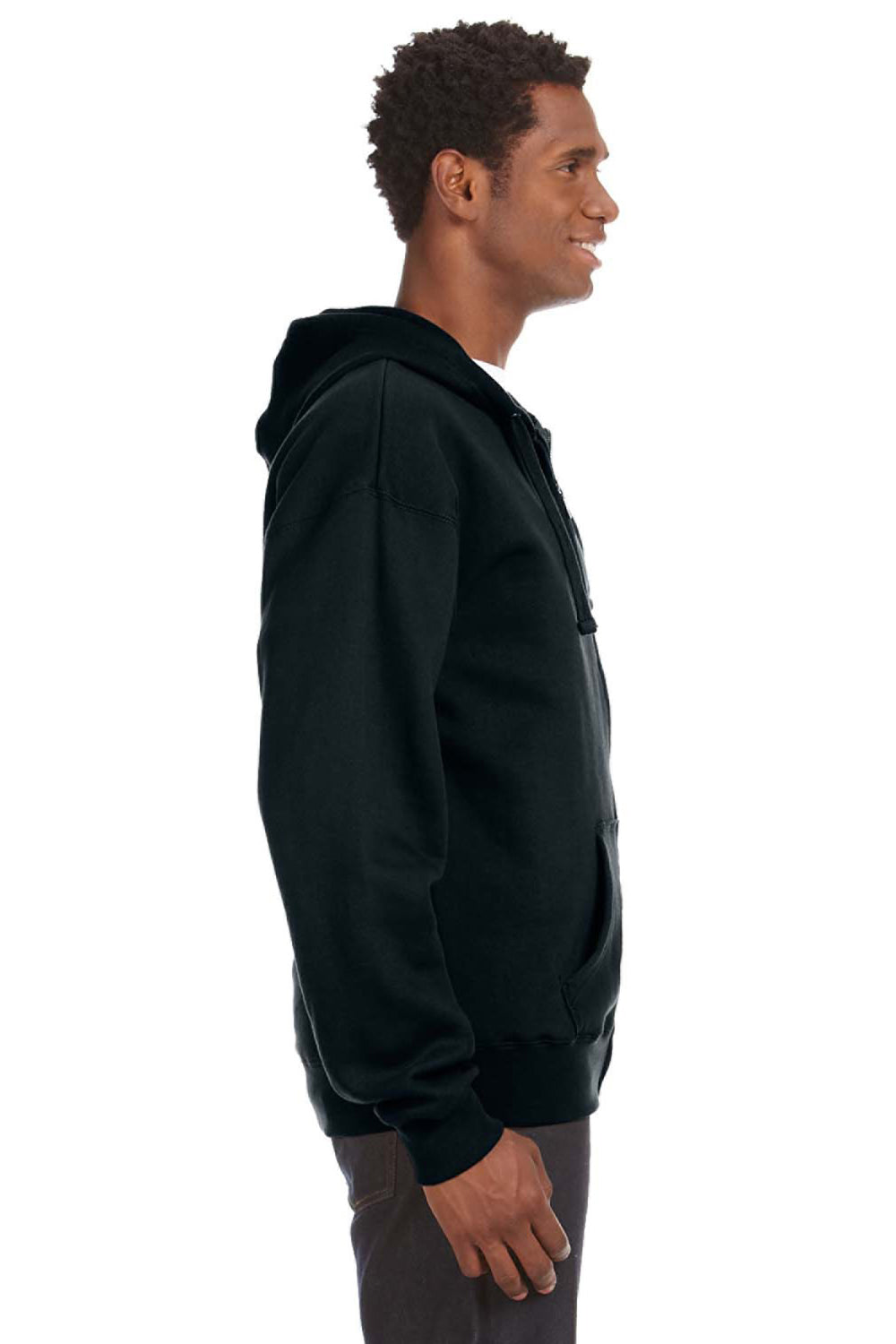 J America JA8821/8821 Mens Premium Fleece Full Zip Hooded Sweatshirt Hoodie w/ Pockets Black Model Side