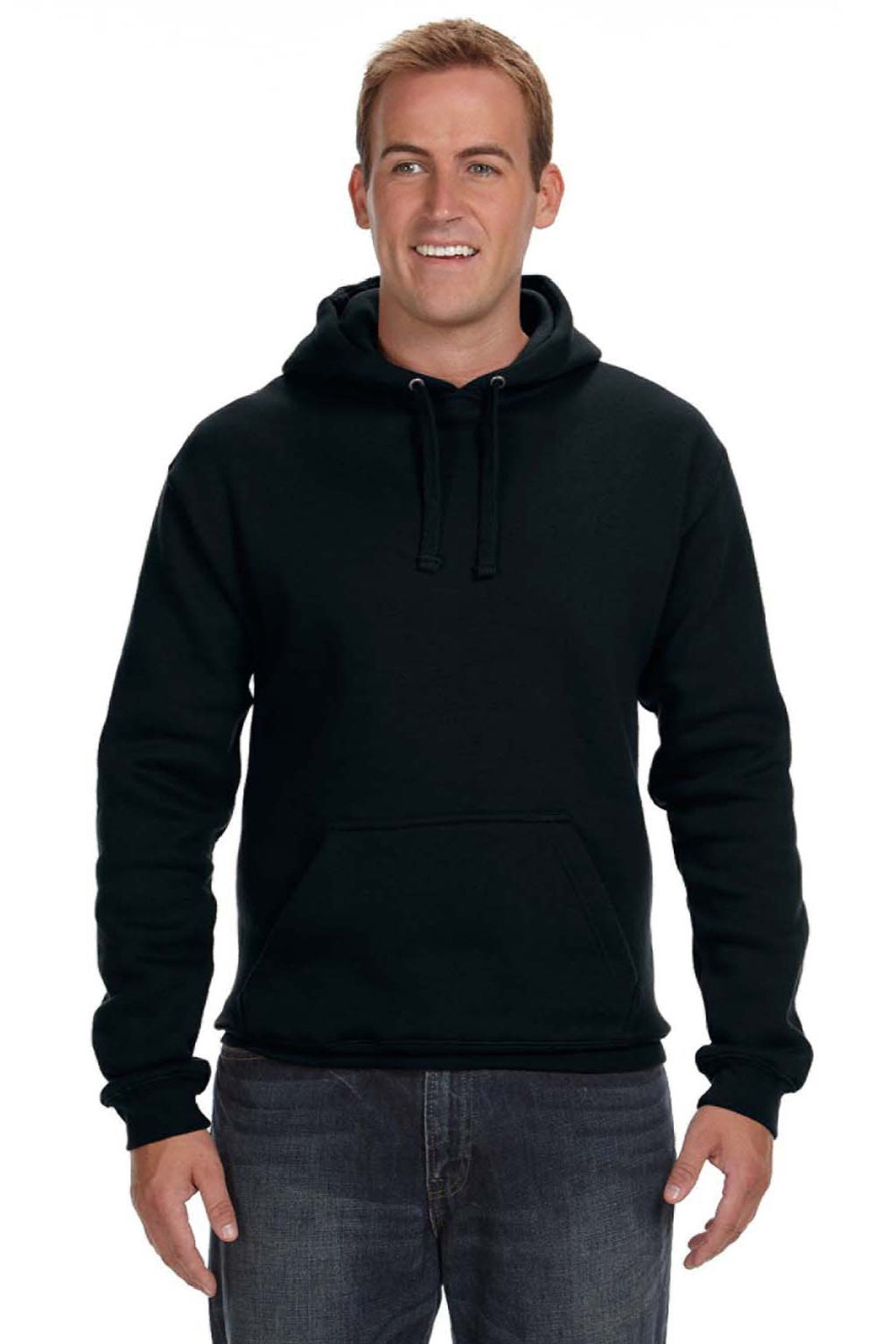J America 8824 Mens Premium Fleece Hooded Sweatshirt Hoodie w/ Pouch Pocket Black Model Front
