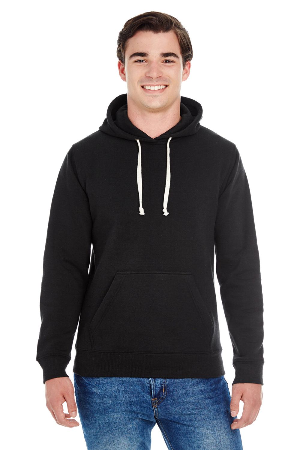 J America JA8871/8871 Mens Fleece Hooded Sweatshirt Hoodie w/ Pouch Pocket Solid Black Model Front