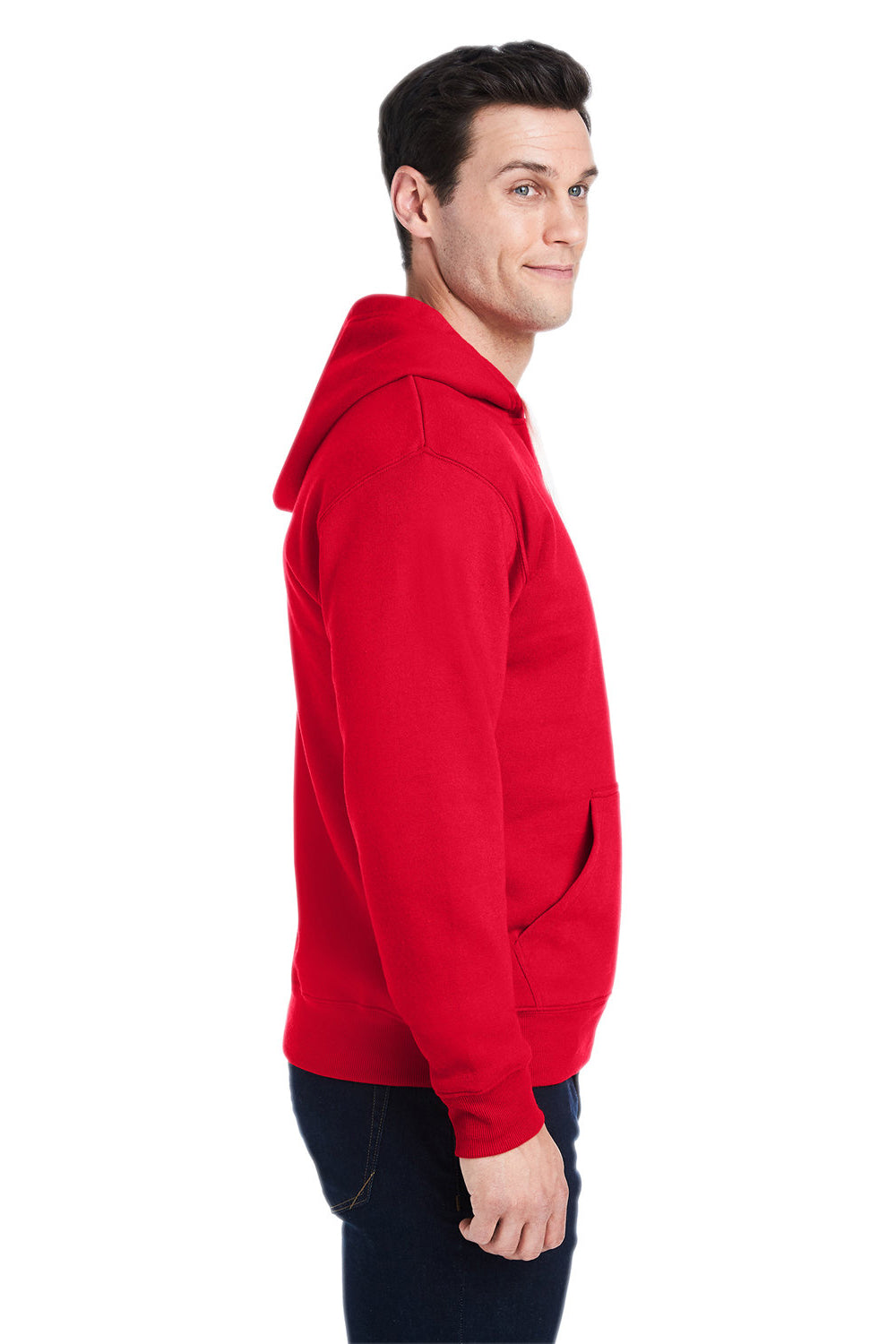 J America JA8871/8871 Mens Fleece Hooded Sweatshirt Hoodie w/ Pouch Pocket Solid Red Model Side