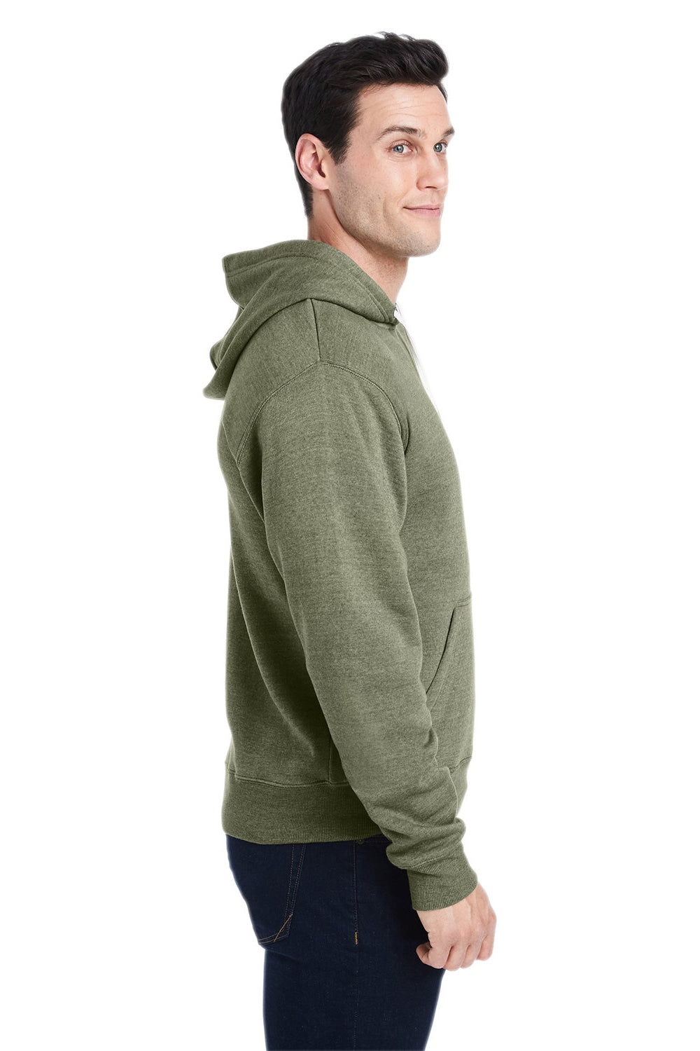 J America JA8871/8871 Mens Fleece Hooded Sweatshirt Hoodie w/ Pouch Pocket Olive Green Model Side