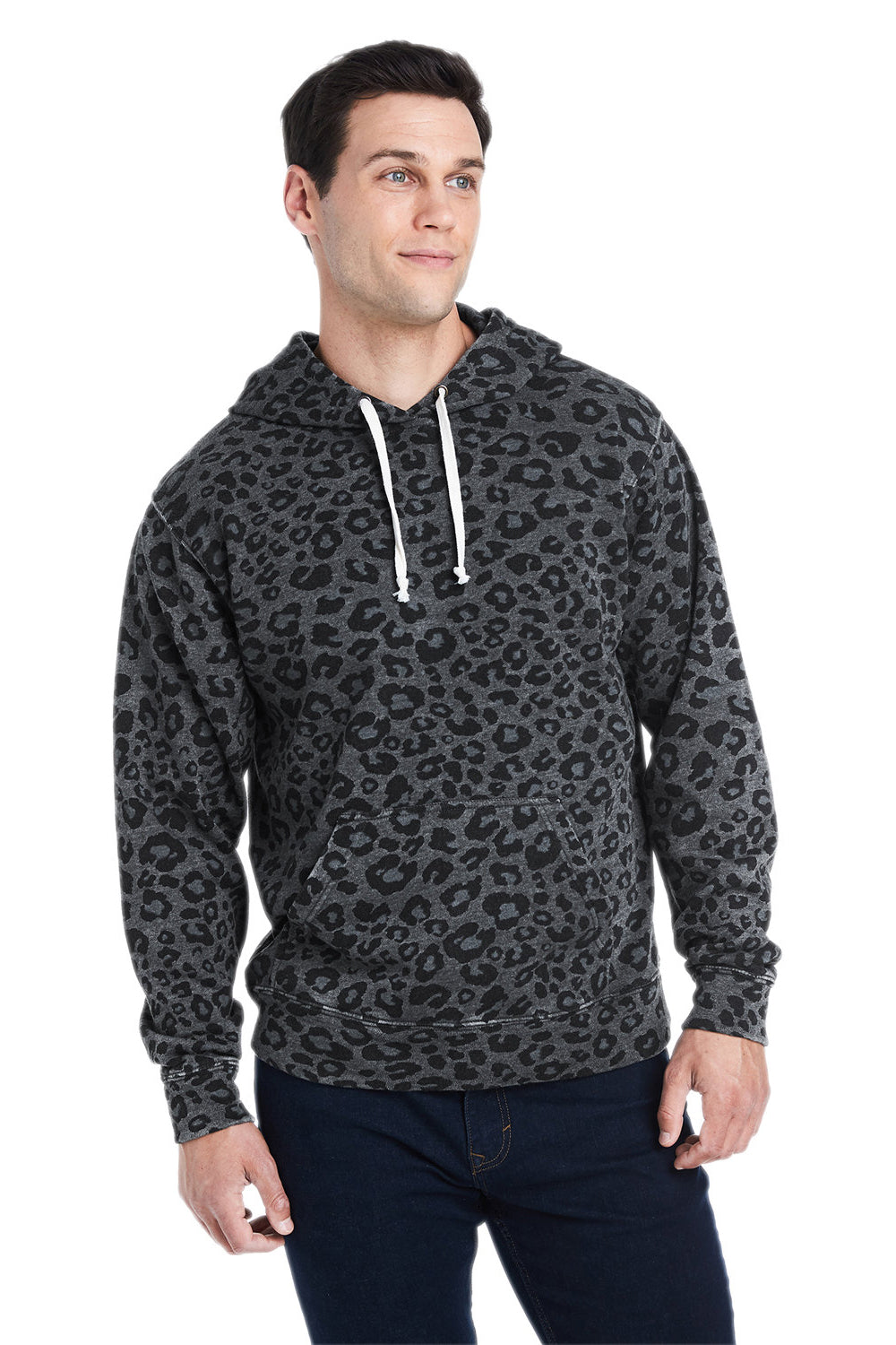 J America JA8871/8871 Mens Fleece Hooded Sweatshirt Hoodie w/ Pouch Pocket Black Leopard Model Front