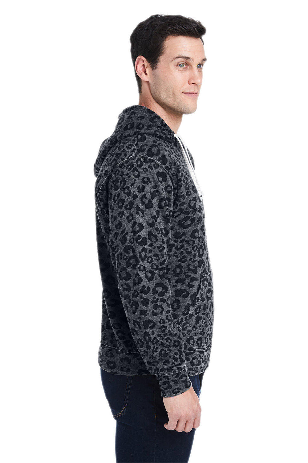 J America JA8871/8871 Mens Fleece Hooded Sweatshirt Hoodie w/ Pouch Pocket Black Leopard Model Side