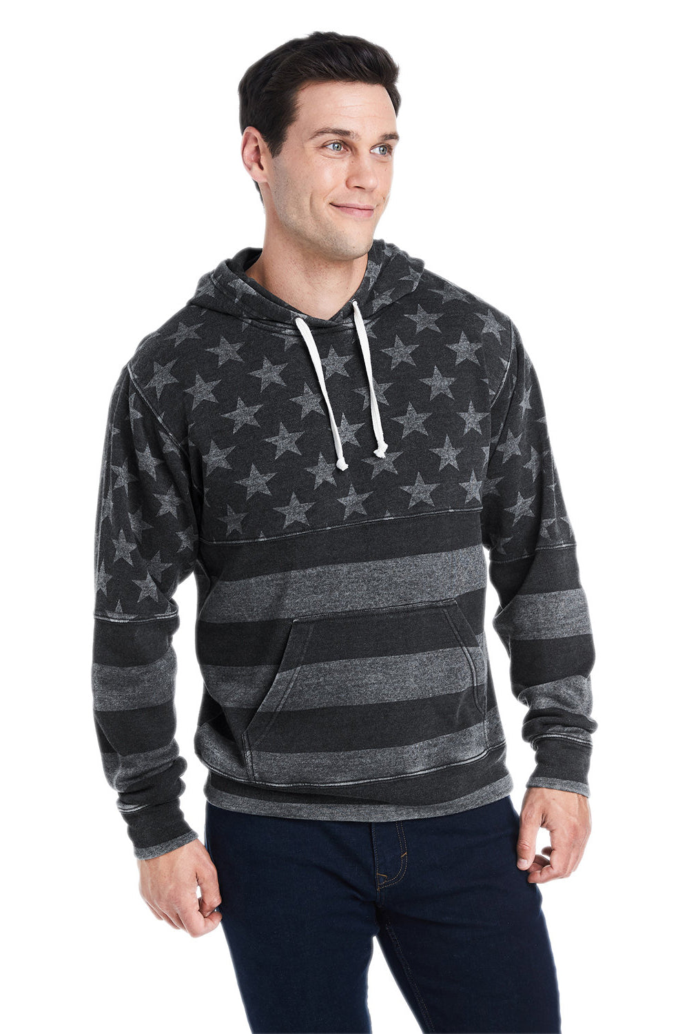 J America JA8871/8871 Mens Fleece Hooded Sweatshirt Hoodie w/ Pouch Pocket Black Stars & Stripes Model Front