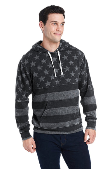 J America JA8871/8871 Mens Fleece Hooded Sweatshirt Hoodie w/ Pouch Pocket Black Stars & Stripes Model Front
