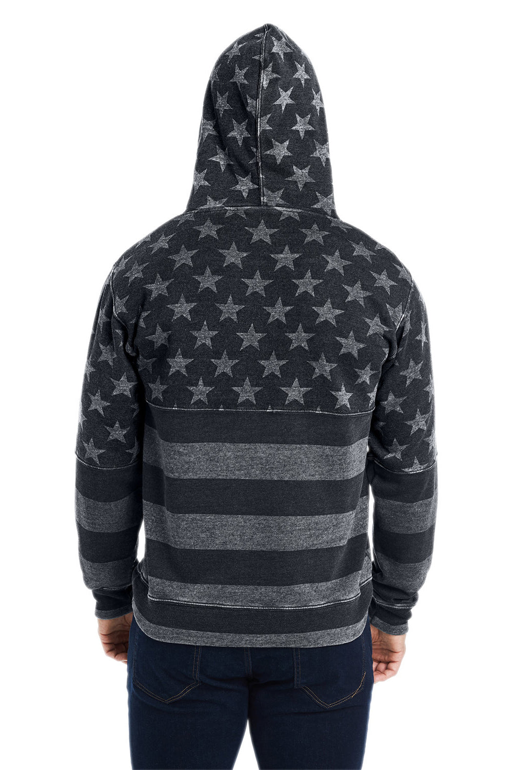 J America JA8871/8871 Mens Fleece Hooded Sweatshirt Hoodie w/ Pouch Pocket Black Stars & Stripes Model Back