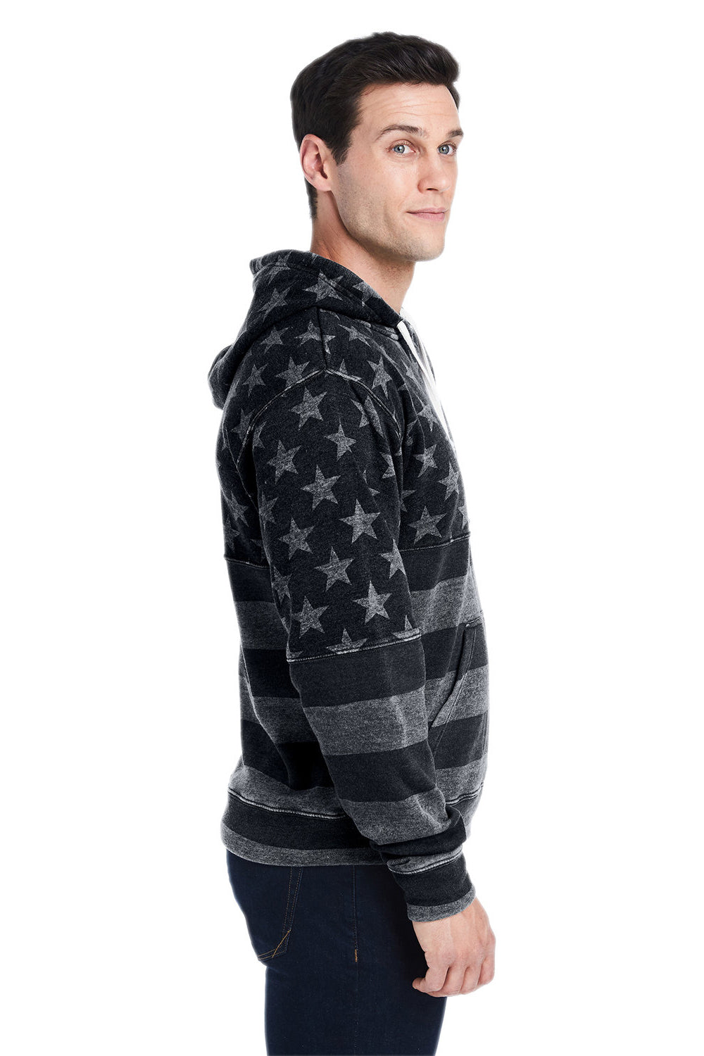 J America JA8871/8871 Mens Fleece Hooded Sweatshirt Hoodie w/ Pouch Pocket Black Stars & Stripes Model Side