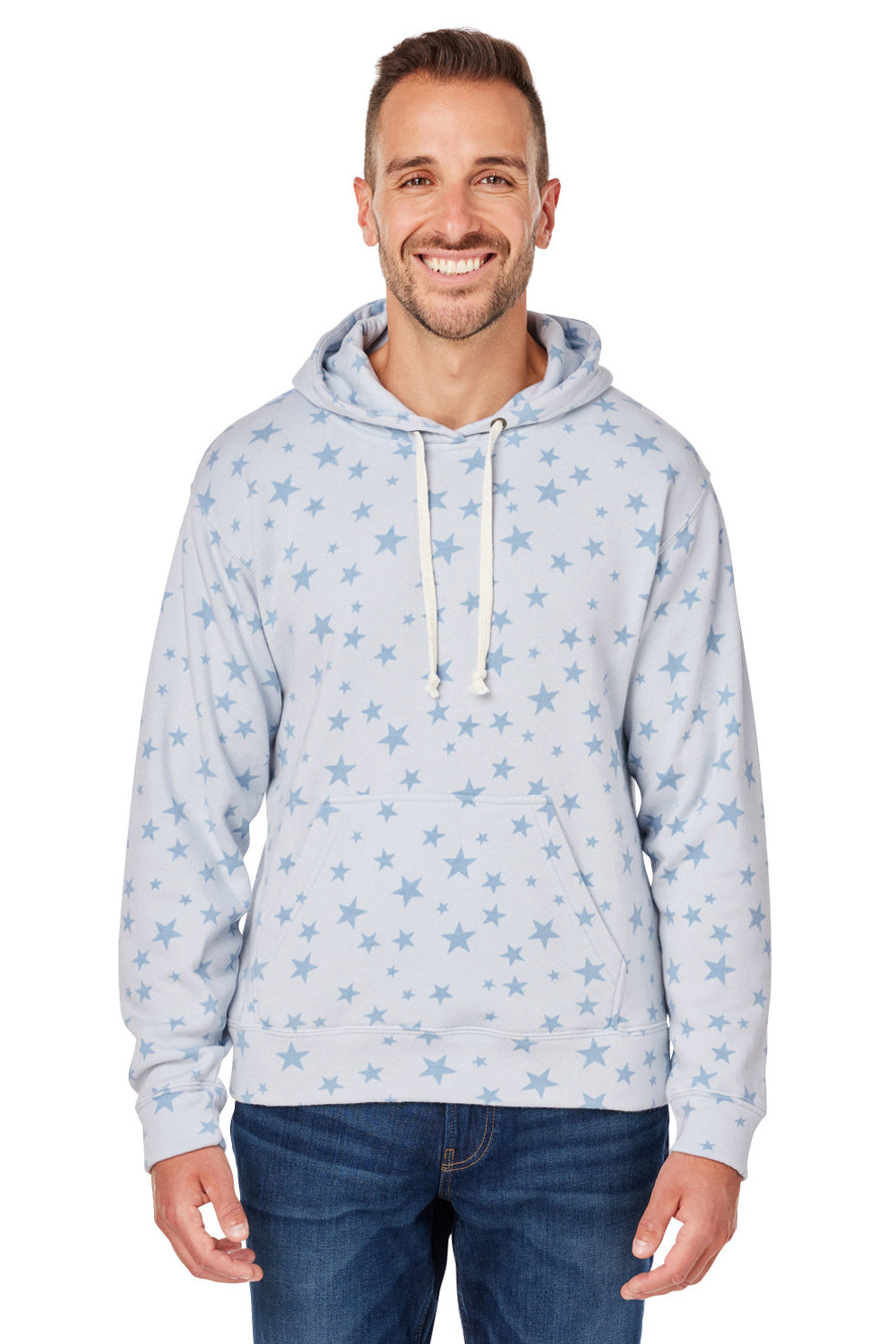 J America JA8871/8871 Mens Fleece Hooded Sweatshirt Hoodie w/ Pouch Pocket Chambray Blue Stars Model Front