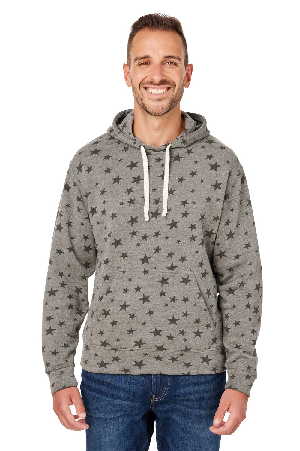 J America JA8871/8871 Mens Fleece Hooded Sweatshirt Hoodie w/ Pouch Pocket Smoke Grey Stars Model Front