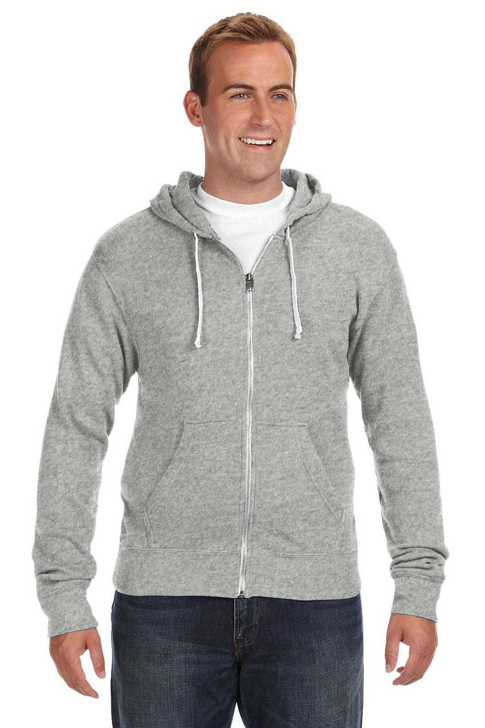 J America JA8872/8872 Mens Fleece Full Zip Hooded Sweatshirt Hoodie w/ Pockets Grey Model Front