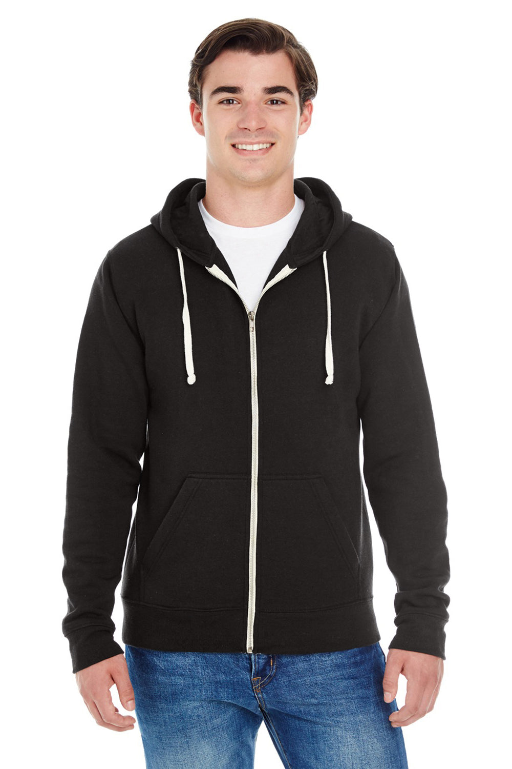 J America JA8872/8872 Mens Fleece Full Zip Hooded Sweatshirt Hoodie w/ Pockets Solid Black Model Front