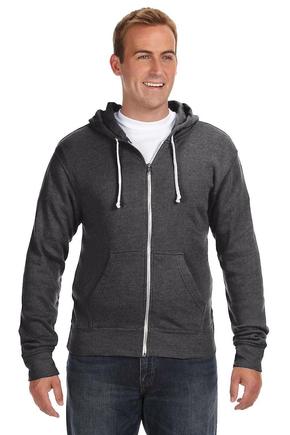 J America JA8872/8872 Mens Fleece Full Zip Hooded Sweatshirt Hoodie w/ Pockets Black Model Front