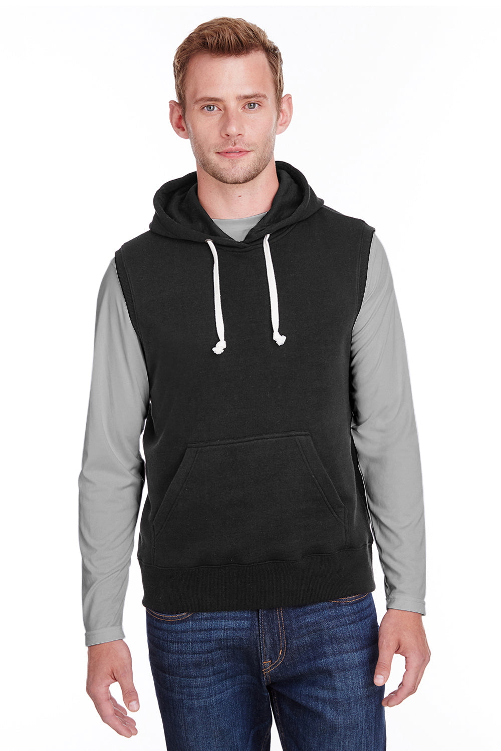 J America JA8877/8877 Mens Fleece Sleeveless Hooded Sweatshirt Hoodie w/ Pouch Pocket Black Model Front