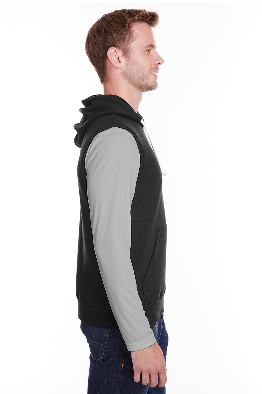 J America JA8877/8877 Mens Fleece Sleeveless Hooded Sweatshirt Hoodie w/ Pouch Pocket Black Model Side