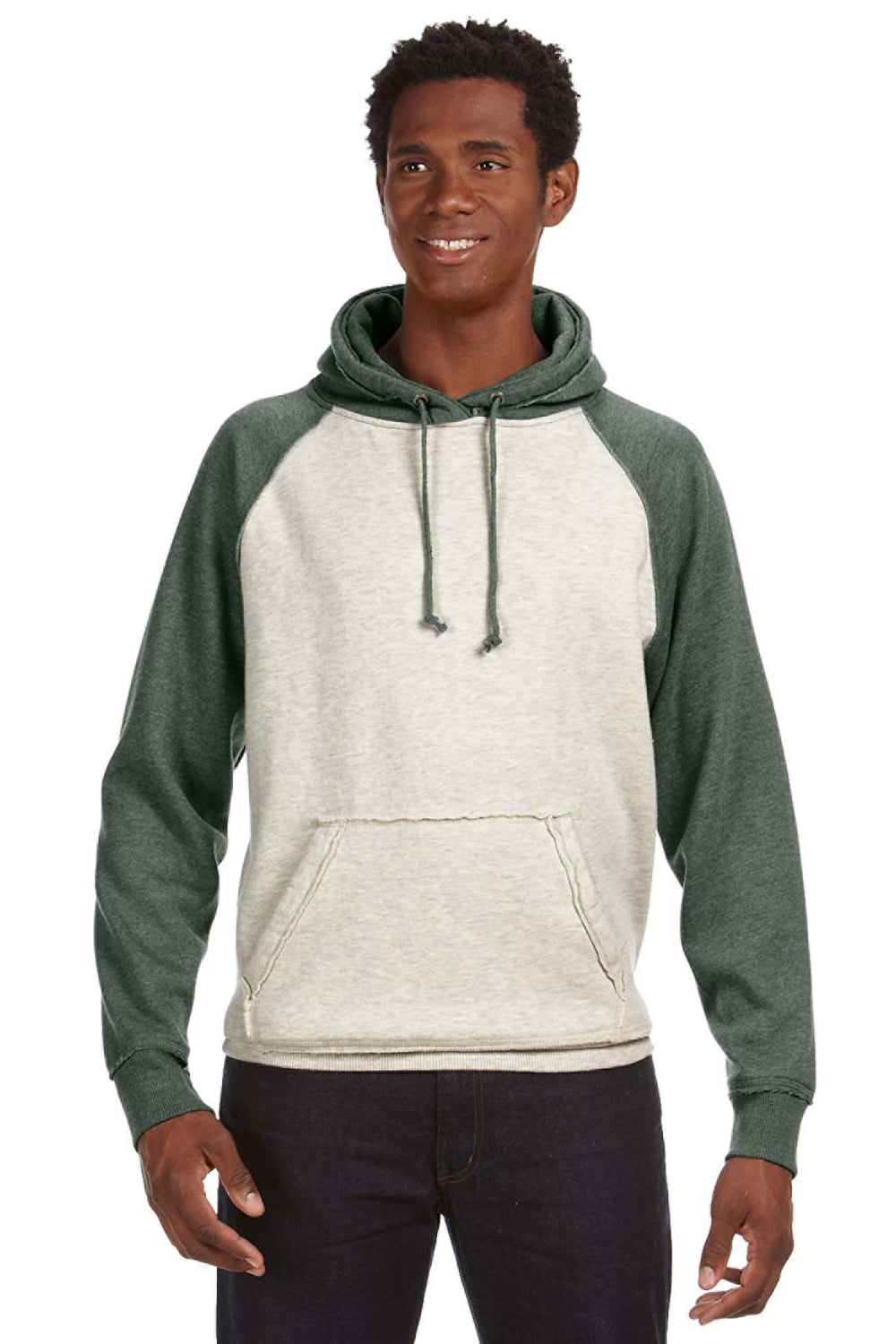 J America JA8885/8885 Mens Vintage Heather Hooded Sweatshirt Hoodie w/ Pouch Pocket Oatmeal/Army Green Model Front