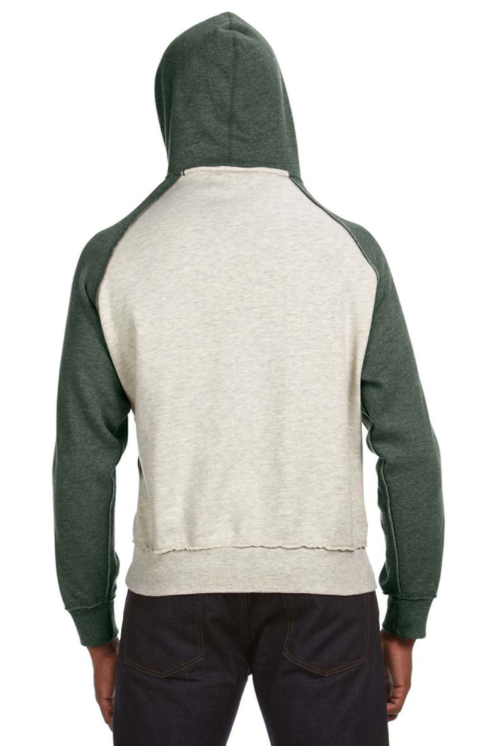 J America JA8885/8885 Mens Vintage Heather Hooded Sweatshirt Hoodie w/ Pouch Pocket Oatmeal/Army Green Model Back