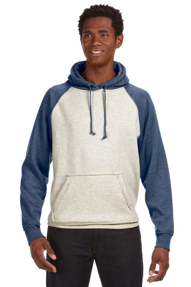 J America JA8885/8885 Mens Vintage Heather Hooded Sweatshirt Hoodie w/ Pouch Pocket Oatmeal/Vintage Navy Blue Model Front
