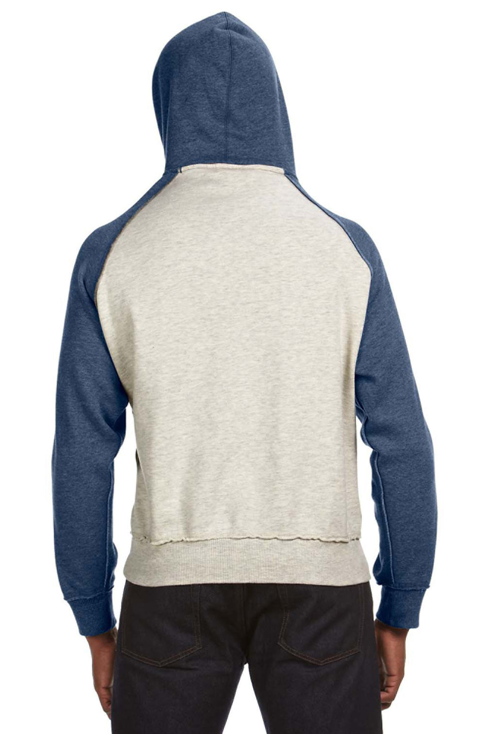J America JA8885/8885 Mens Vintage Heather Hooded Sweatshirt Hoodie w/ Pouch Pocket Oatmeal/Vintage Navy Blue Model Back