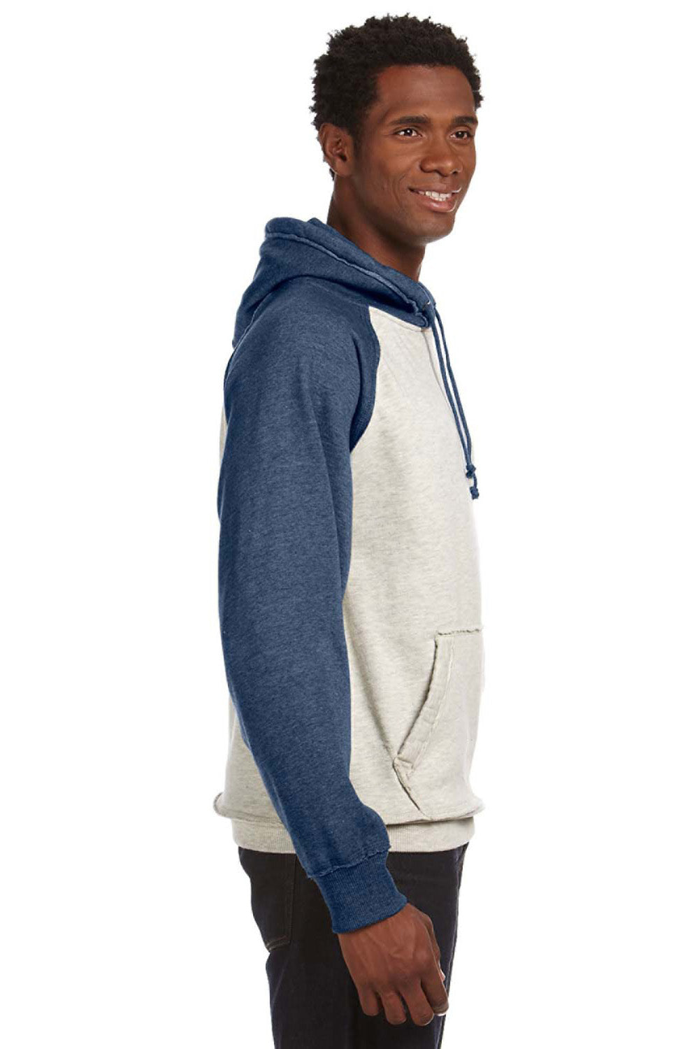J America JA8885/8885 Mens Vintage Heather Hooded Sweatshirt Hoodie w/ Pouch Pocket Oatmeal/Vintage Navy Blue Model Side