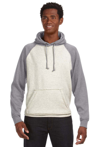 J America JA8885/8885 Mens Vintage Heather Hooded Sweatshirt Hoodie w/ Pouch Pocket Oatmeal/Smoke Grey Model Front