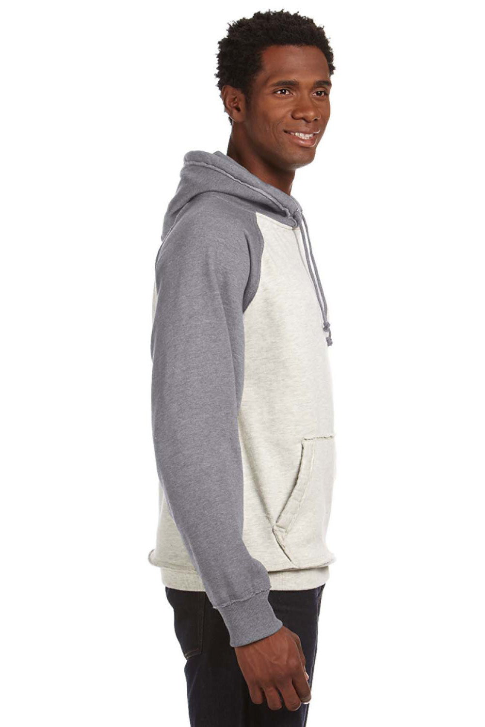 J America JA8885/8885 Mens Vintage Heather Hooded Sweatshirt Hoodie w/ Pouch Pocket Oatmeal/Smoke Grey Model Side