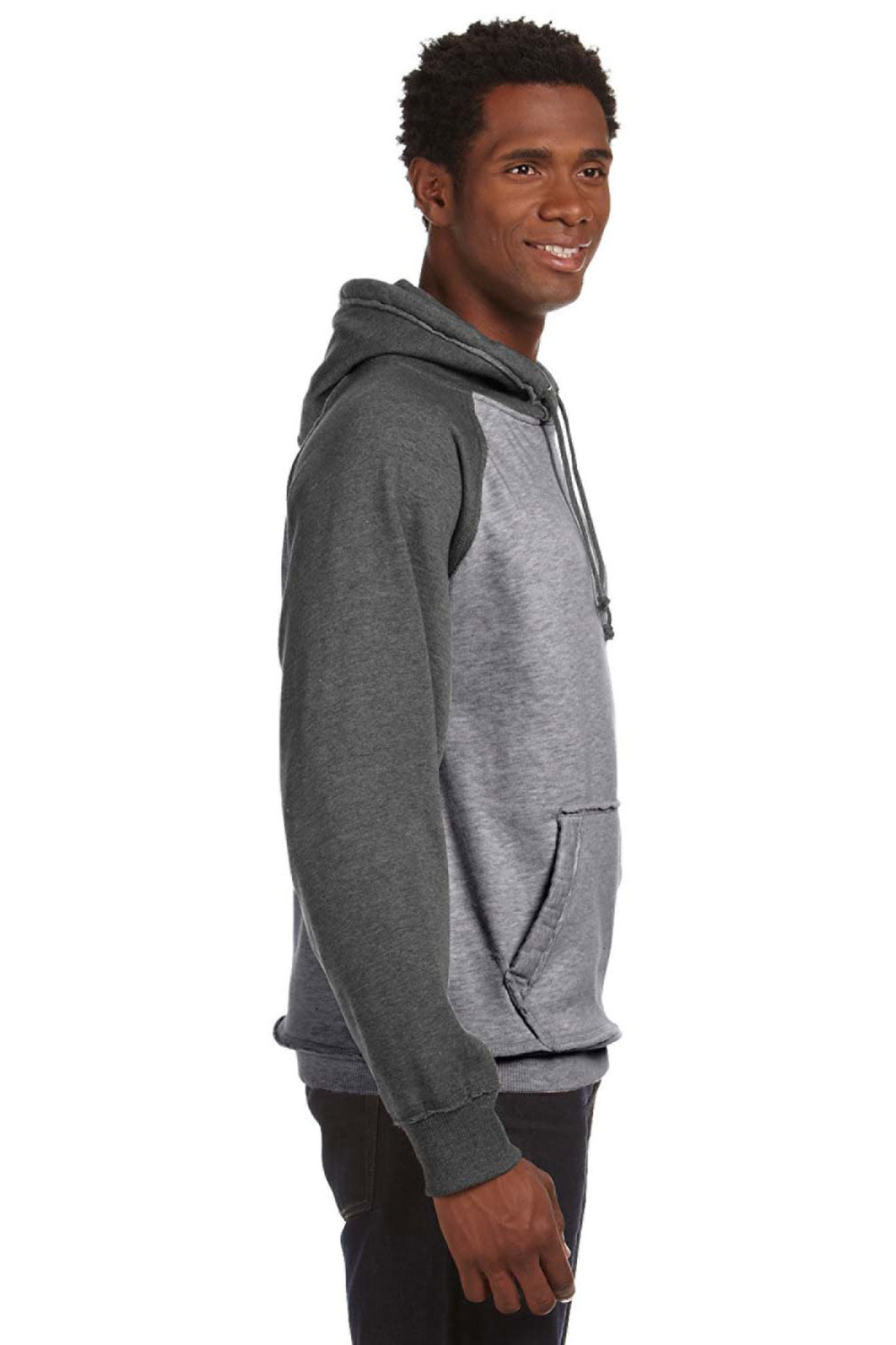 J America JA8885/8885 Mens Vintage Heather Hooded Sweatshirt Hoodie w/ Pouch Pocket Smoke Grey/Charcoal Grey Model Side
