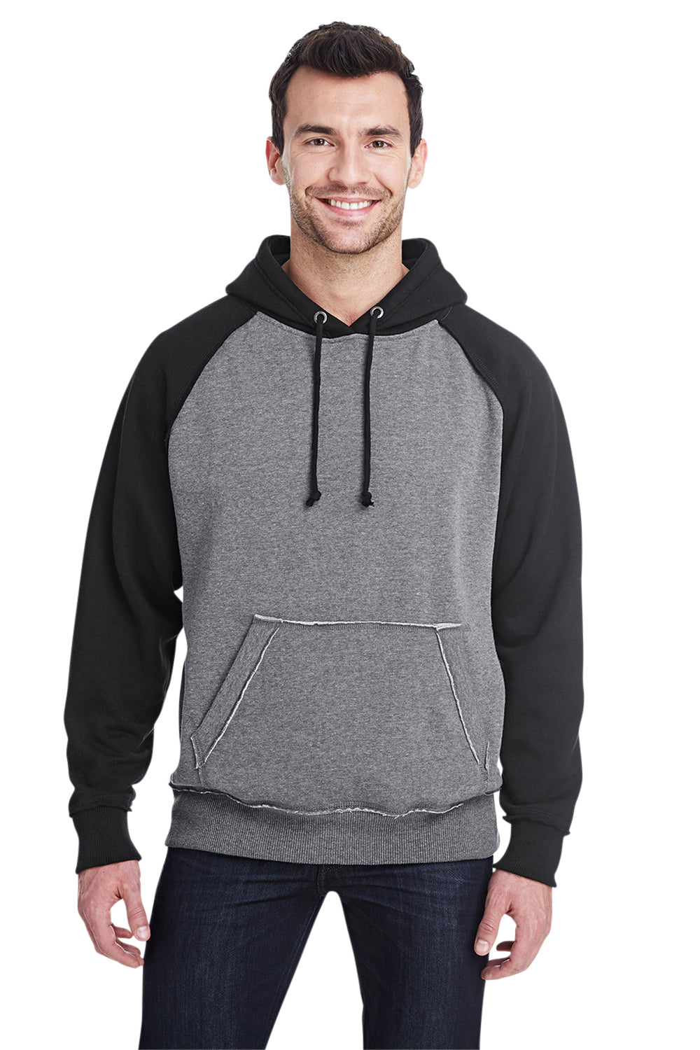 J America JA8885/8885 Mens Vintage Heather Hooded Sweatshirt Hoodie w/ Pouch Pocket Smoke Grey/Black Model Front