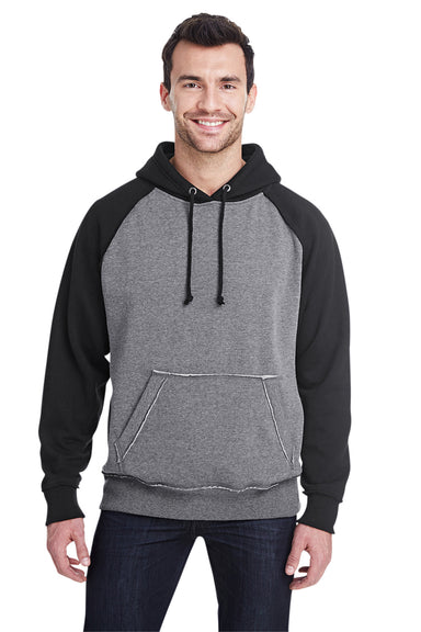 J America JA8885/8885 Mens Vintage Heather Hooded Sweatshirt Hoodie w/ Pouch Pocket Smoke Grey/Black Model Front