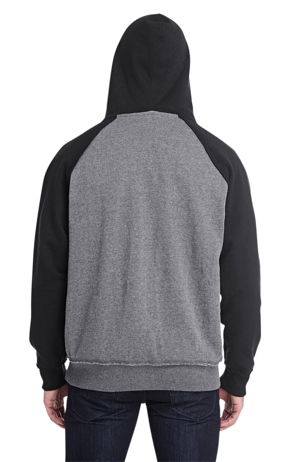 J America JA8885/8885 Mens Vintage Heather Hooded Sweatshirt Hoodie w/ Pouch Pocket Smoke Grey/Black Model Back