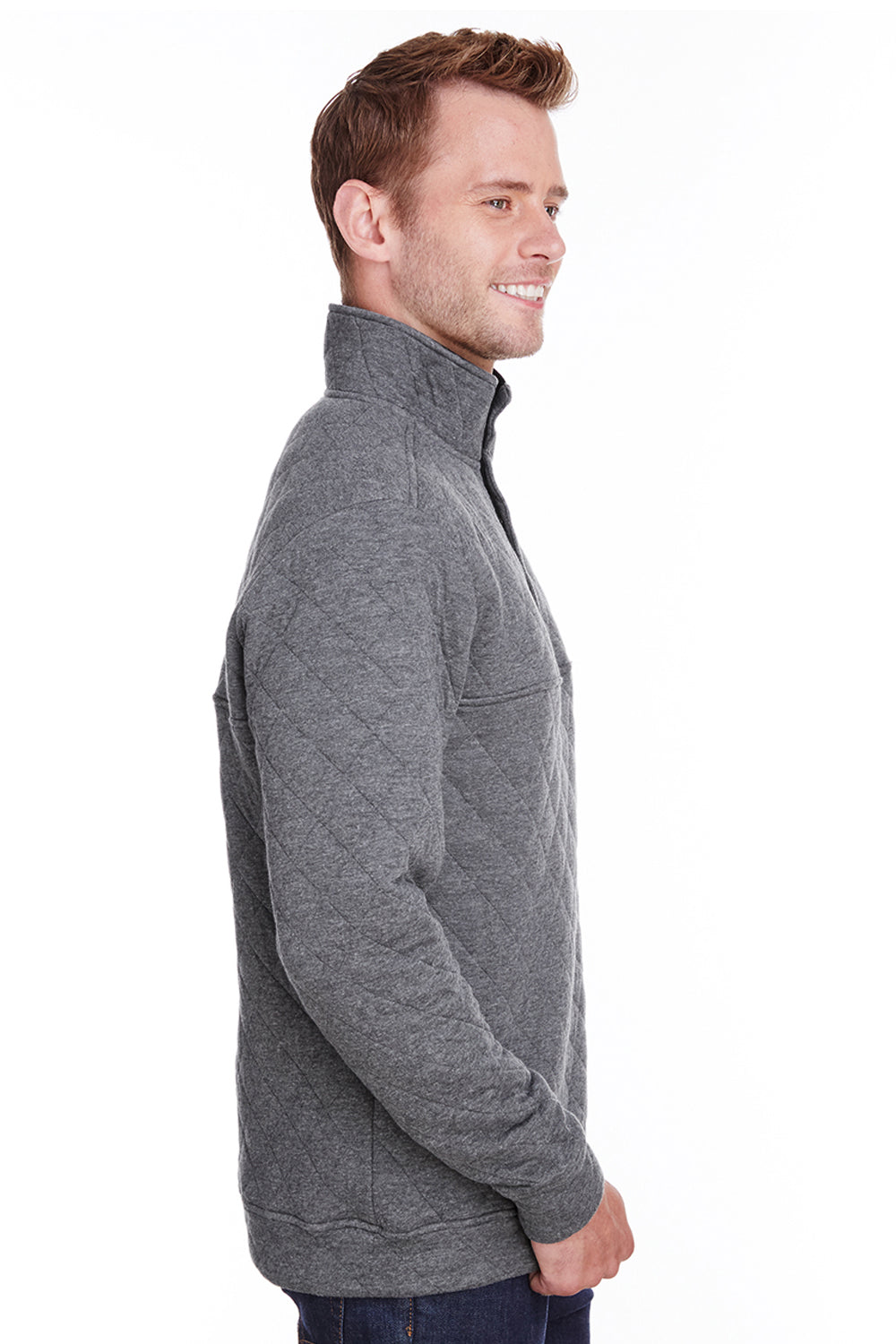 J America JA8890/8890 Mens Quilted 1/4 Snap Down Sweatshirt Heather Charcoal Grey Model Side