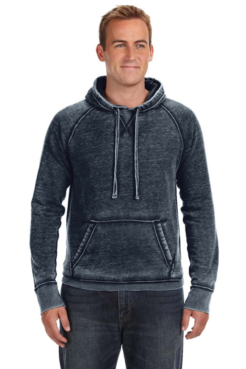 J America JA8915/8915 Mens Vintage Zen Burnout Fleece Hooded Sweatshirt Hoodie w/ Pouch Pocket Vintage Navy Blue Model Front