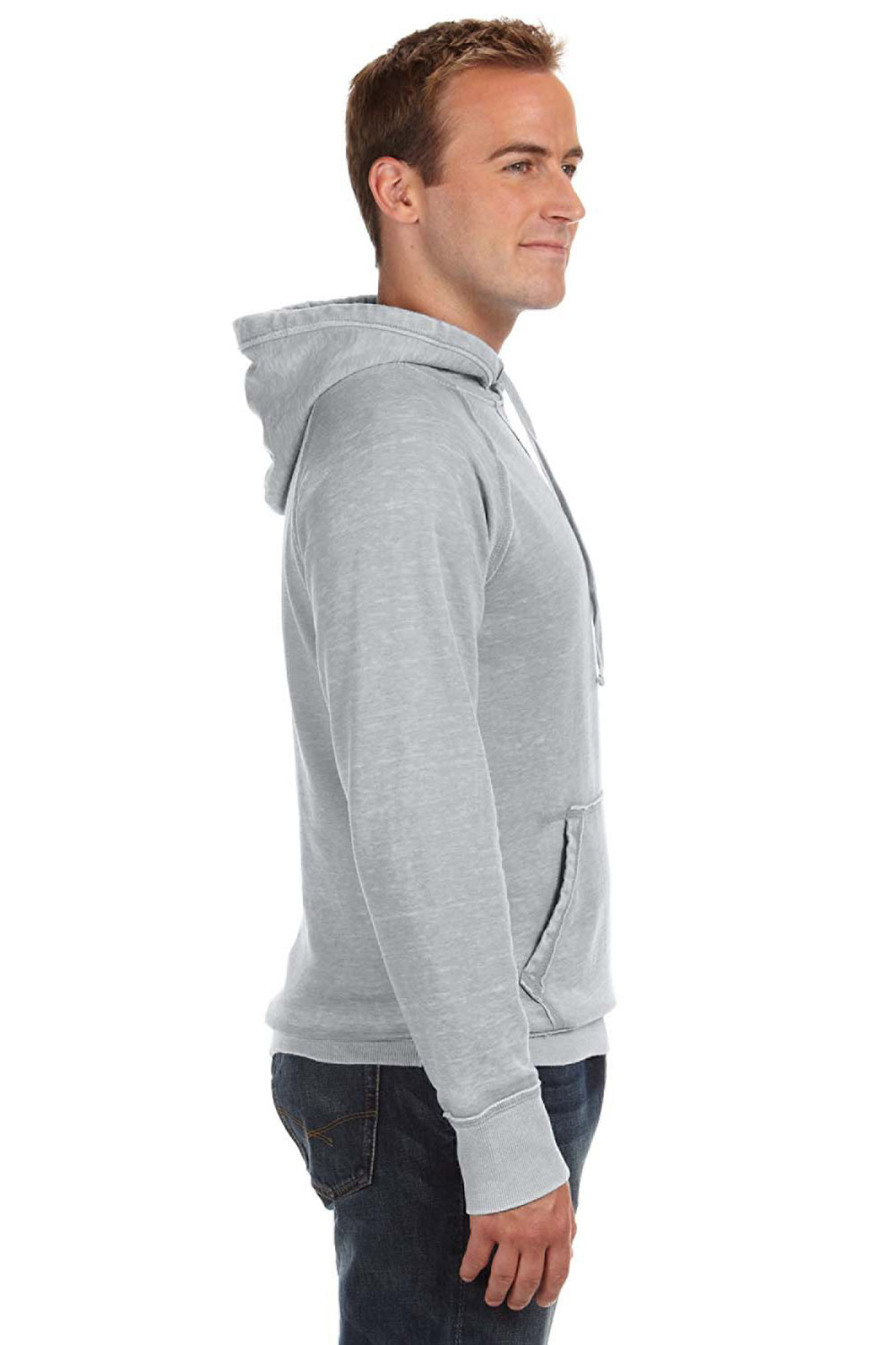 J America JA8915/8915 Mens Vintage Zen Burnout Fleece Hooded Sweatshirt Hoodie w/ Pouch Pocket Cement Grey Model Side