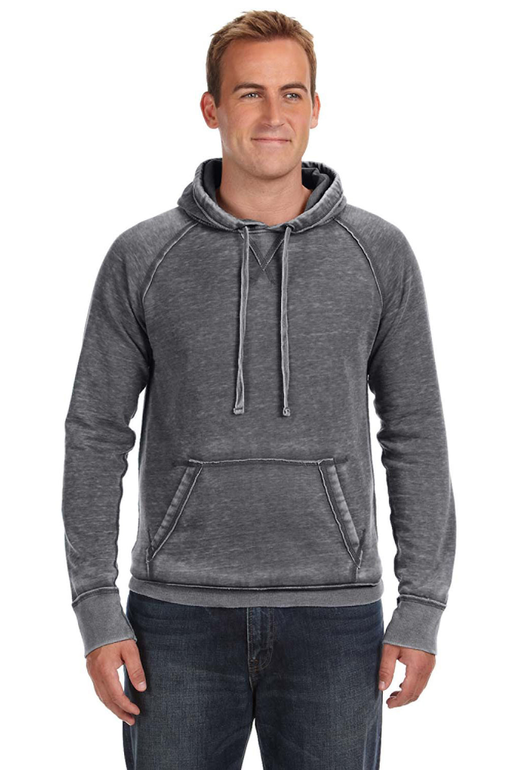 J America JA8915/8915 Mens Vintage Zen Burnout Fleece Hooded Sweatshirt Hoodie w/ Pouch Pocket Dark Smoke Grey Model Front