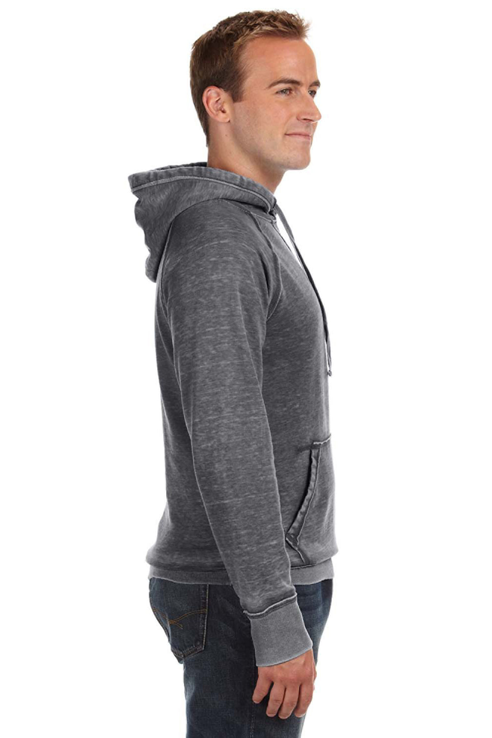 J America JA8915/8915 Mens Vintage Zen Burnout Fleece Hooded Sweatshirt Hoodie w/ Pouch Pocket Dark Smoke Grey Model Side