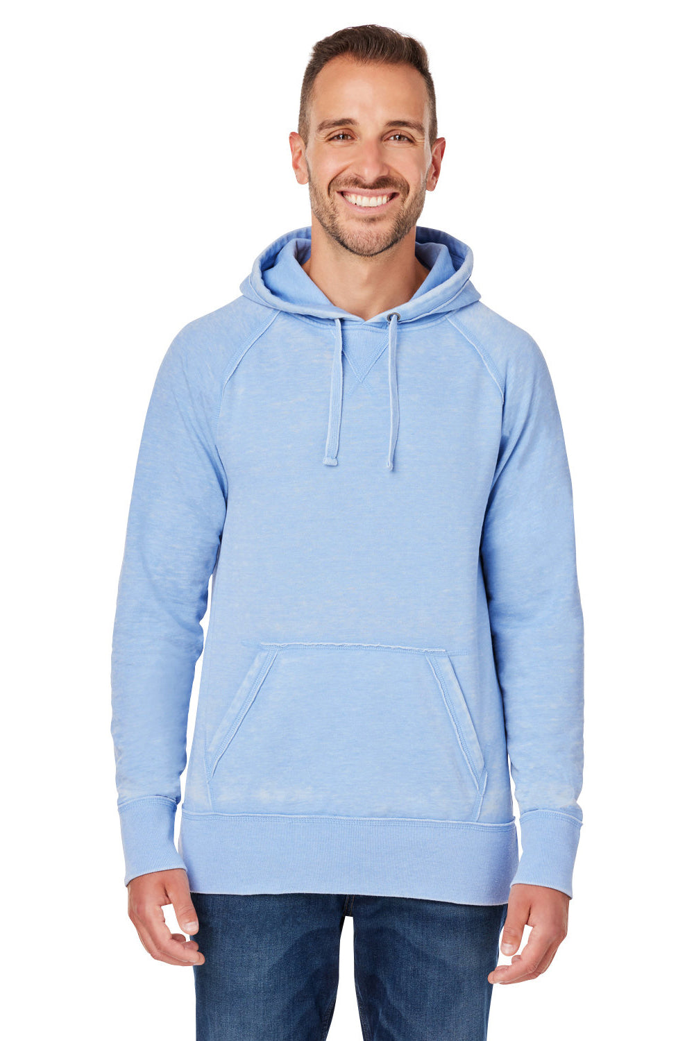 J America JA8915/8915 Mens Vintage Zen Burnout Fleece Hooded Sweatshirt Hoodie w/ Pouch Pocket Chambray Blue Model Front
