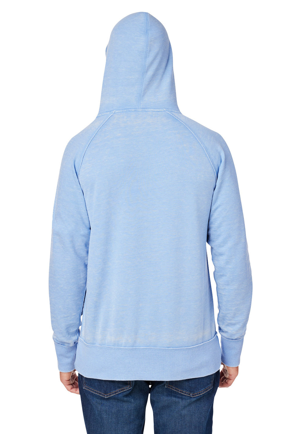 J America JA8915/8915 Mens Vintage Zen Burnout Fleece Hooded Sweatshirt Hoodie w/ Pouch Pocket Chambray Blue Model Back
