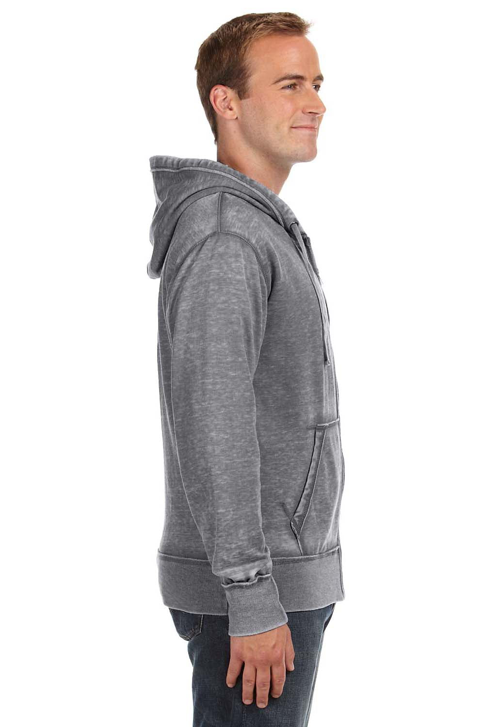 J America JA8916/8916 Mens Vintage Zen Burnout Fleece Full Zip Hooded Sweatshirt Hoodie w/ Pockets Dark Smoke Grey Model Side