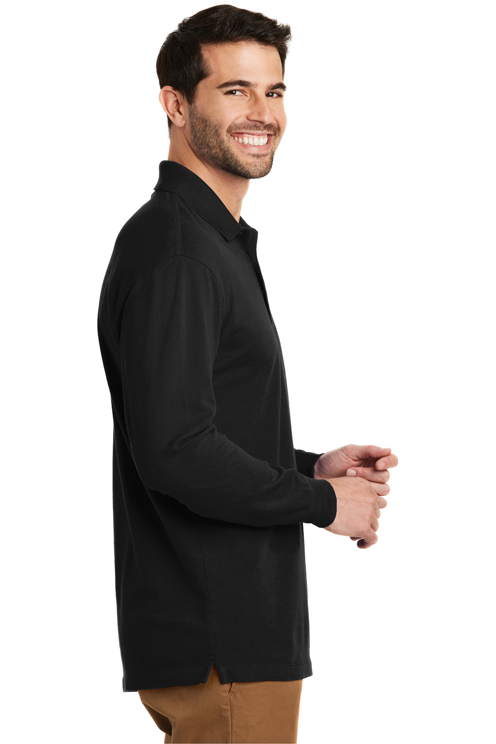 Port Authority K8000LS Mens Wrinkle Resistant Long Sleeve Polo Shirt Black Model Side
