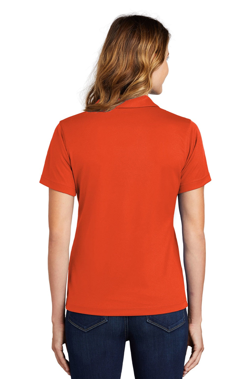 Sport-Tek L469 Womens Dri-Mesh Moisture Wicking Short Sleeve Polo Shirt Bright Orange Model Back