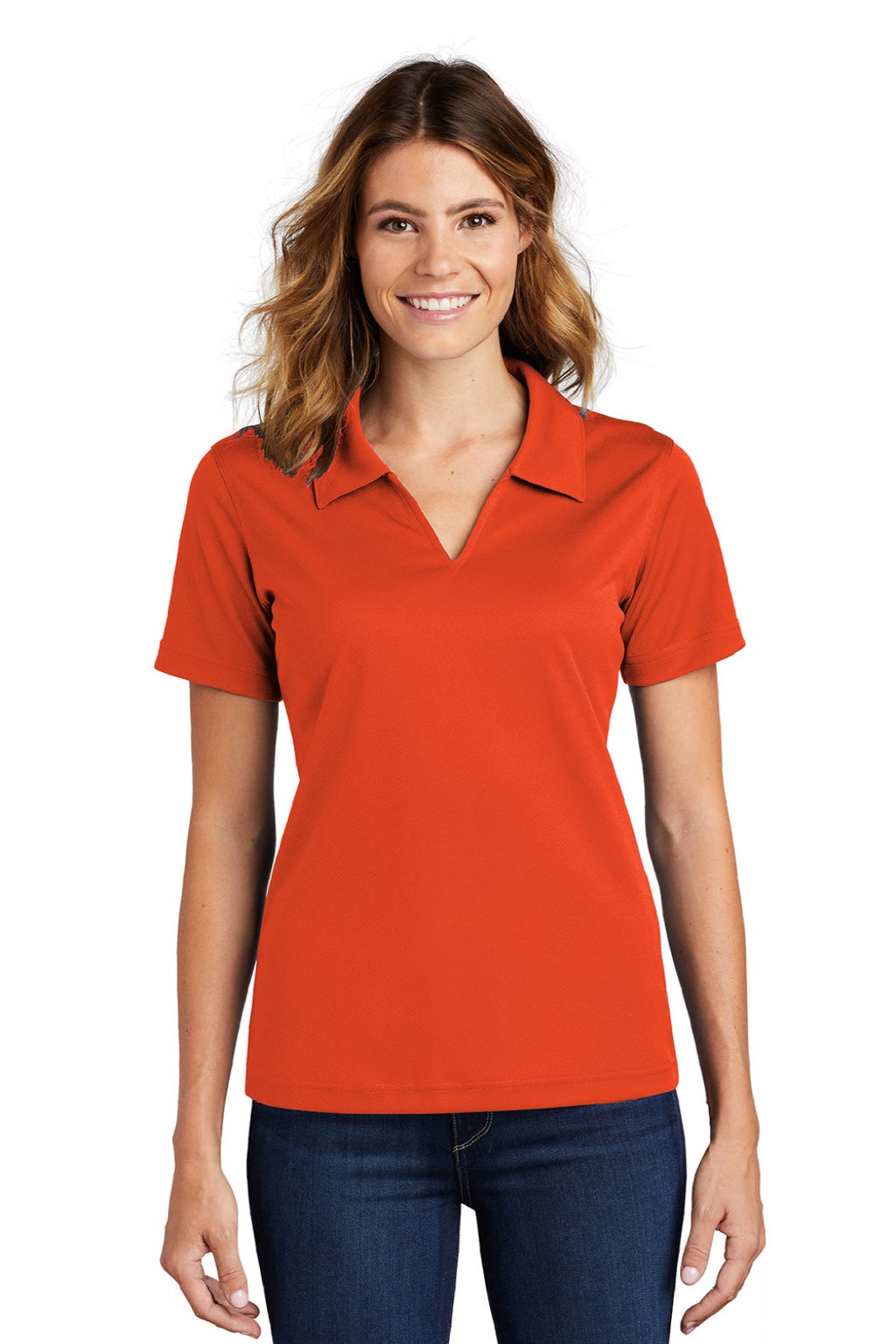 Sport-Tek L469 Womens Dri-Mesh Moisture Wicking Short Sleeve Polo Shirt Bright Orange Model Front
