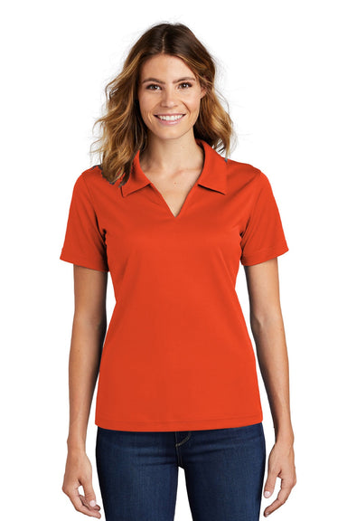 Sport-Tek L469 Womens Dri-Mesh Moisture Wicking Short Sleeve Polo Shirt Bright Orange Model Front