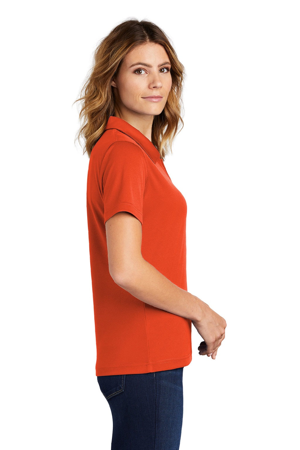 Sport-Tek L469 Womens Dri-Mesh Moisture Wicking Short Sleeve Polo Shirt Bright Orange Model Side