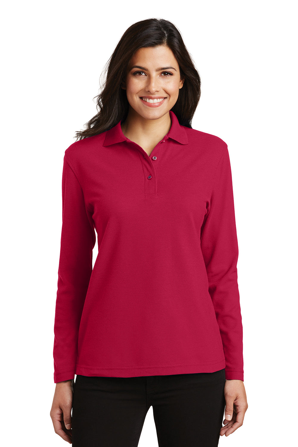 Port Authority L500LS Womens Silk Touch Wrinkle Resistant Long Sleeve Polo Shirt Red Model Side