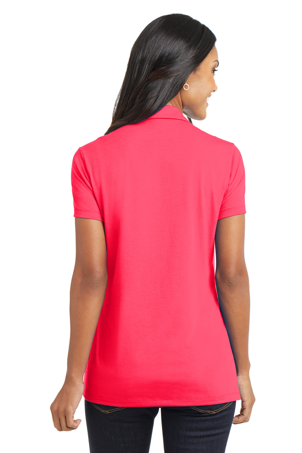Port Authority L568 Womens Cotton Touch Performance Moisture Wicking Short Sleeve Polo Shirt Hot Coral Pink Model Back