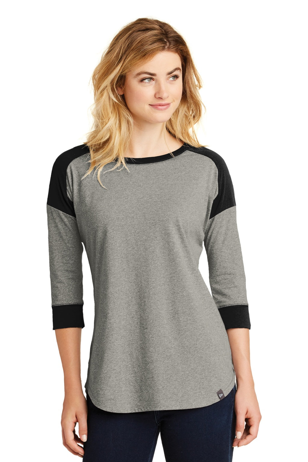 New Era LNEA104 Womens Heritage 3/4 Sleeve Crewneck T-Shirt Heather Rainstorm Grey/Black Model Front