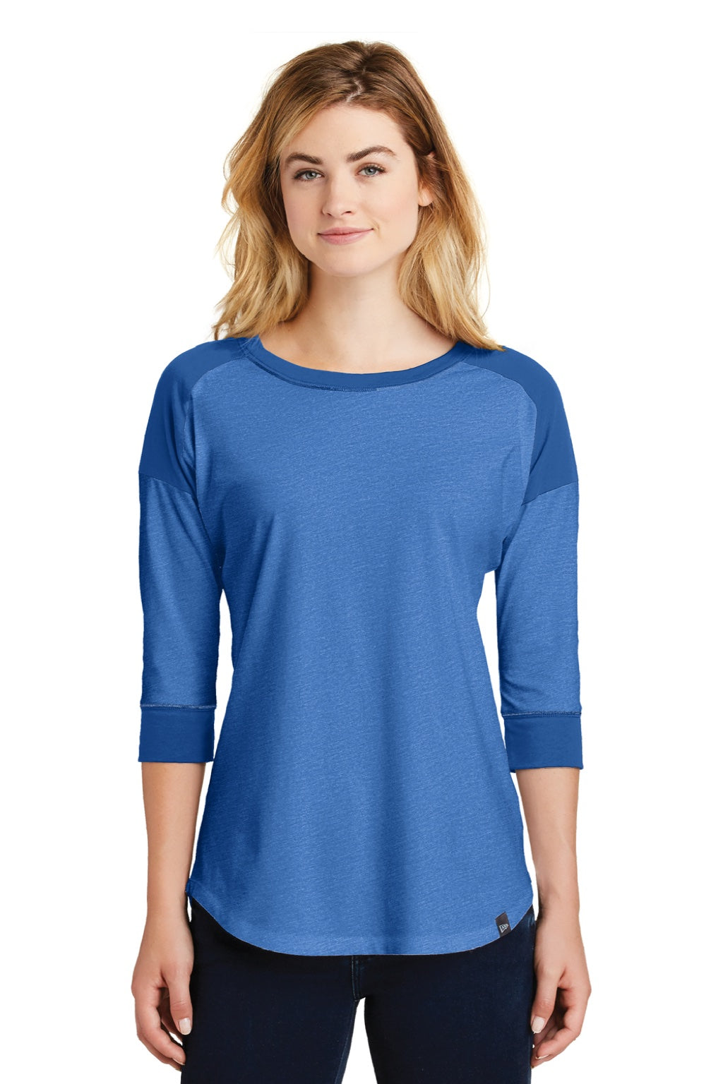 New Era LNEA104 Womens Heritage 3/4 Sleeve Crewneck T-Shirt Heather Royal Blue/Royal Blue Model Front