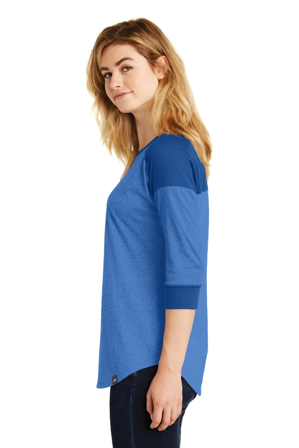 New Era LNEA104 Womens Heritage 3/4 Sleeve Crewneck T-Shirt Heather Royal Blue/Royal Blue Model Side