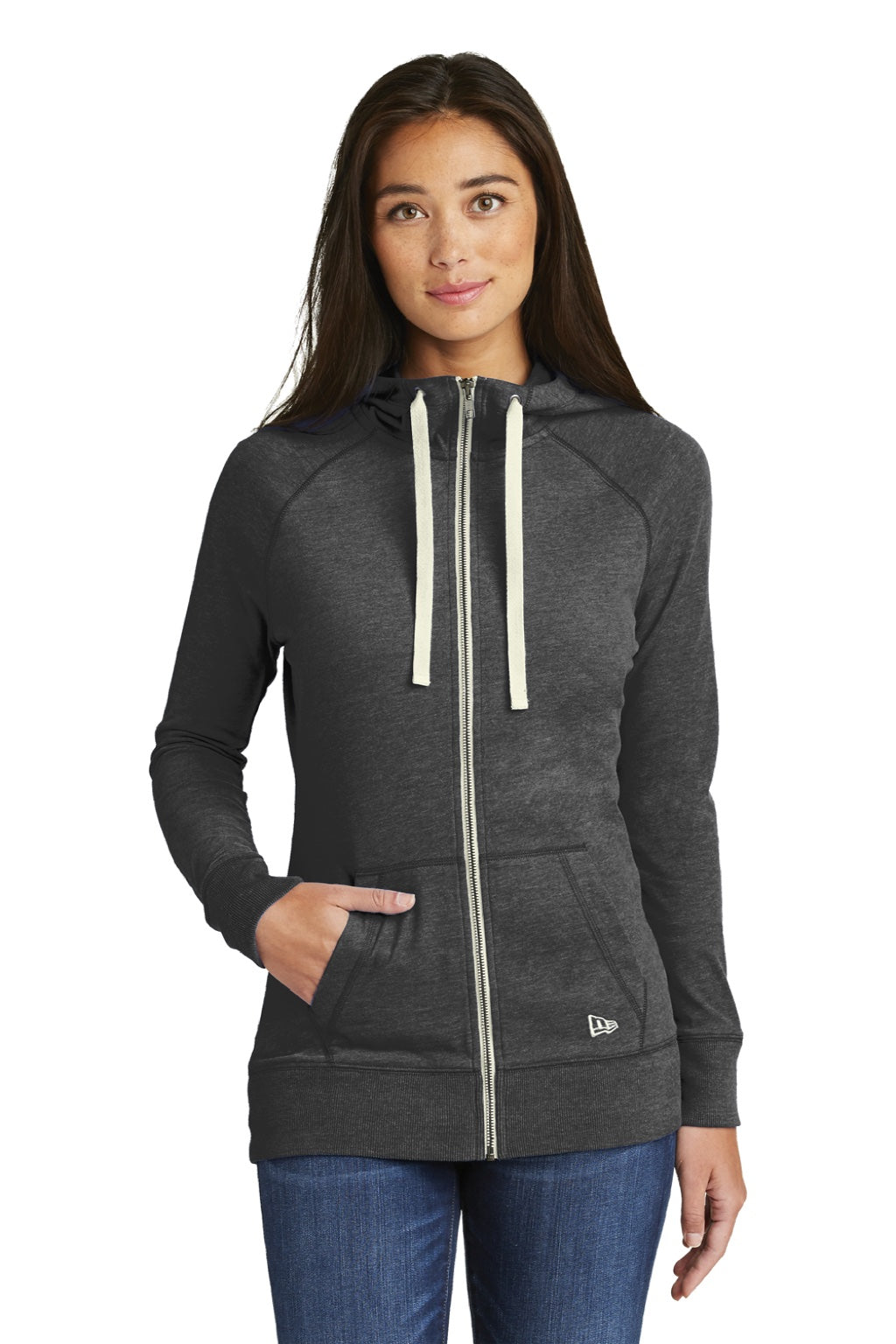 New Era LNEA122 Womens Sueded Full Zip Hooded Sweatshirt Hoodie w/ Pockets Heather Black Model Front