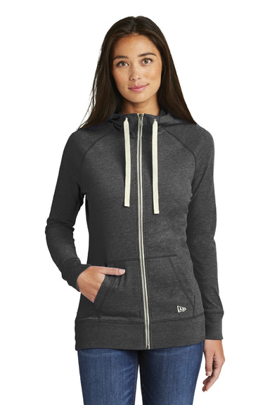 New Era LNEA122 Womens Sueded Full Zip Hooded Sweatshirt Hoodie w/ Pockets Heather Black Model Front